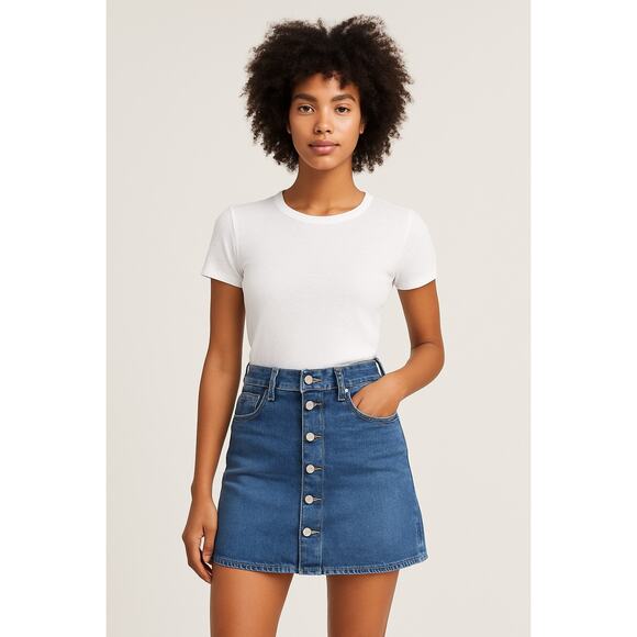 MOTHER High Waist Button Front Denim Mini Skirt Size 27 Blue Moon Wash - Picture 1 of 9